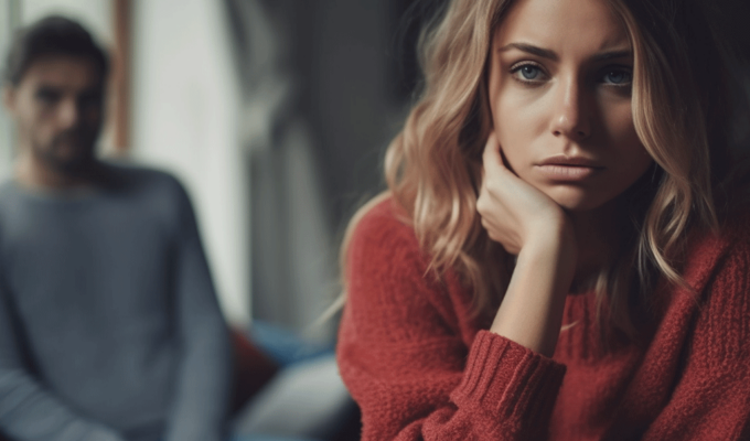 Junges Paar sitzt distanziert zu einander, traurige Stimmung